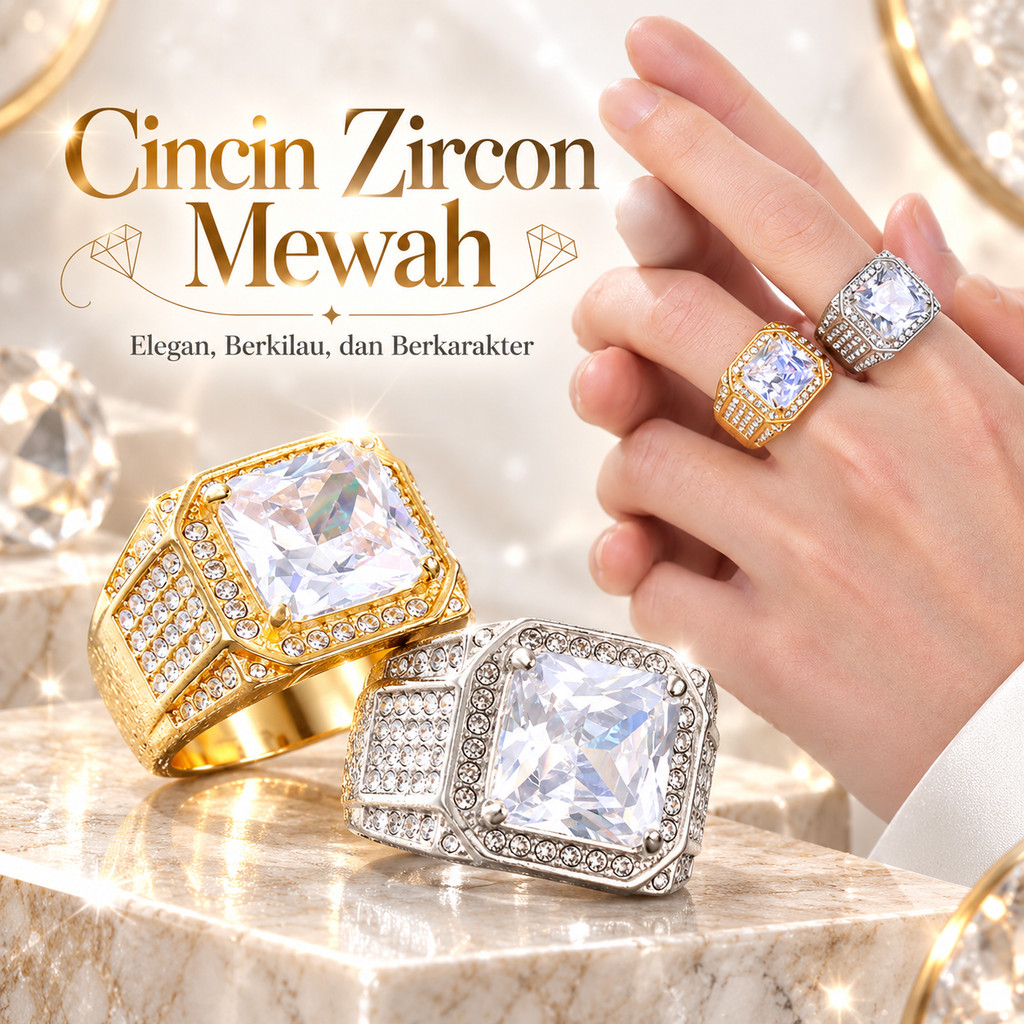 Cincin Pria Zircon Kotak Mewah Gold Silver Bling Elegan Cincin Fashion Pria Batu Besar
