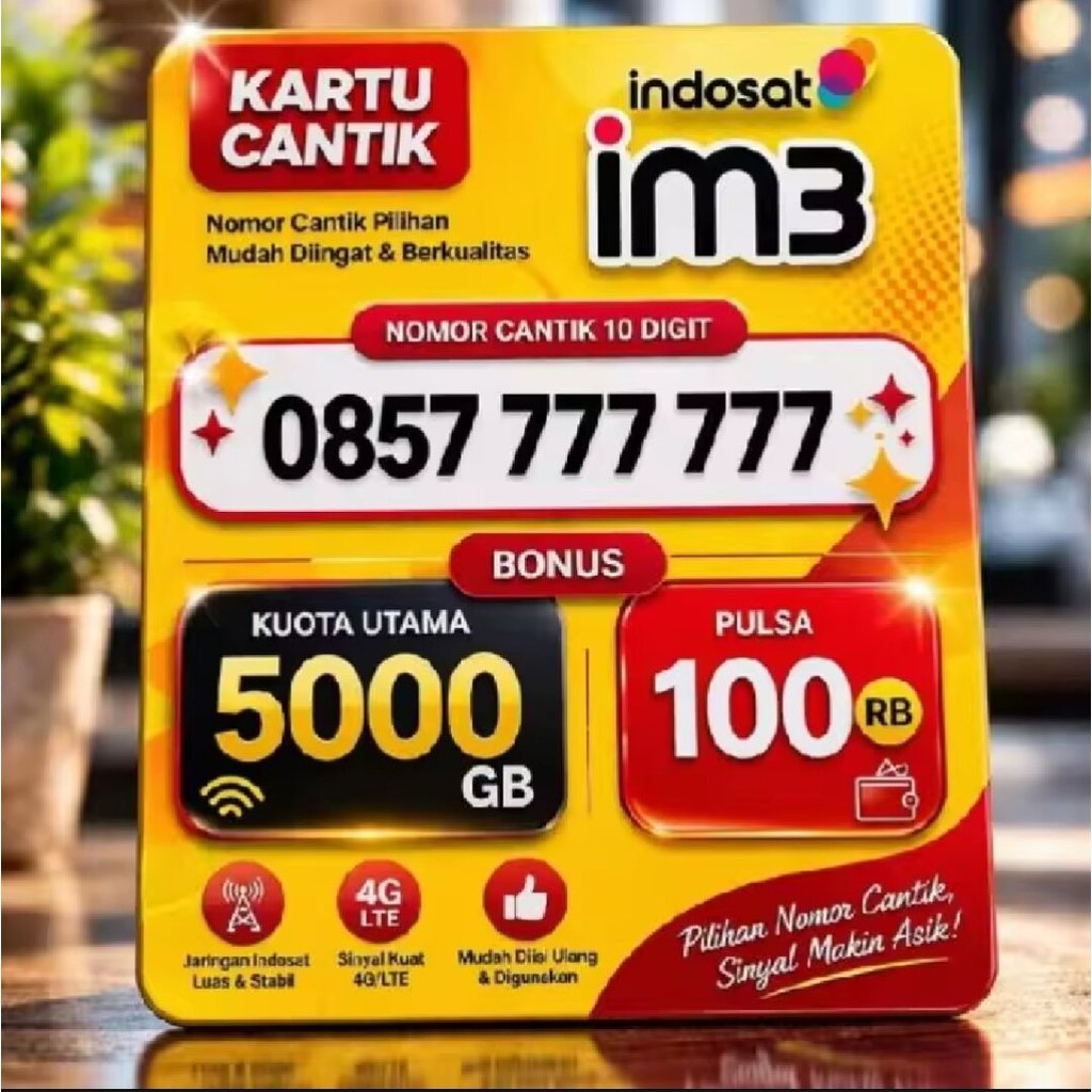 Kartu Cantik Indosat IM3 10 Digit 5000 GB Kuota Utama 100 RB Pulsa 4G LTE Jaringan Luas & Stabil Mud