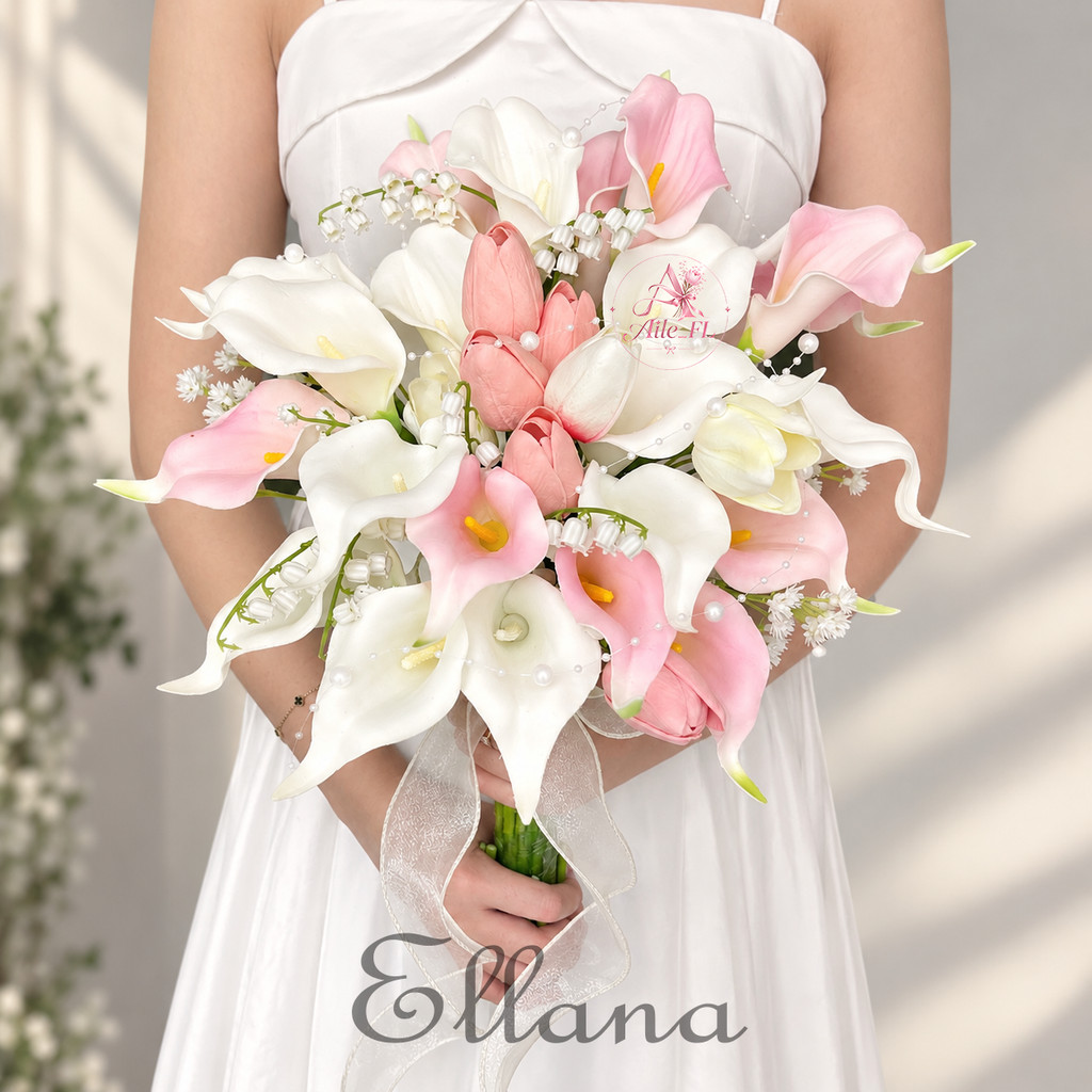 Buket Pengantin Artificial White Pink Elegan | Bridal Hand Bouquet Premium | Wedding Flower Lily Tul