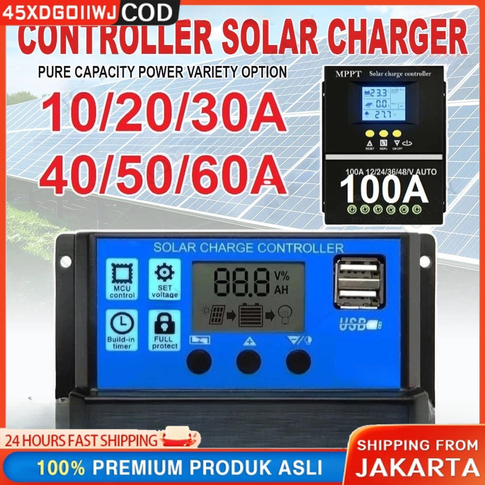 Solar Charge Controller LCD LED Display Solar Cell PWM 12V 24V 10A 20A 30A 50A 60A USB Panel Tenaga 