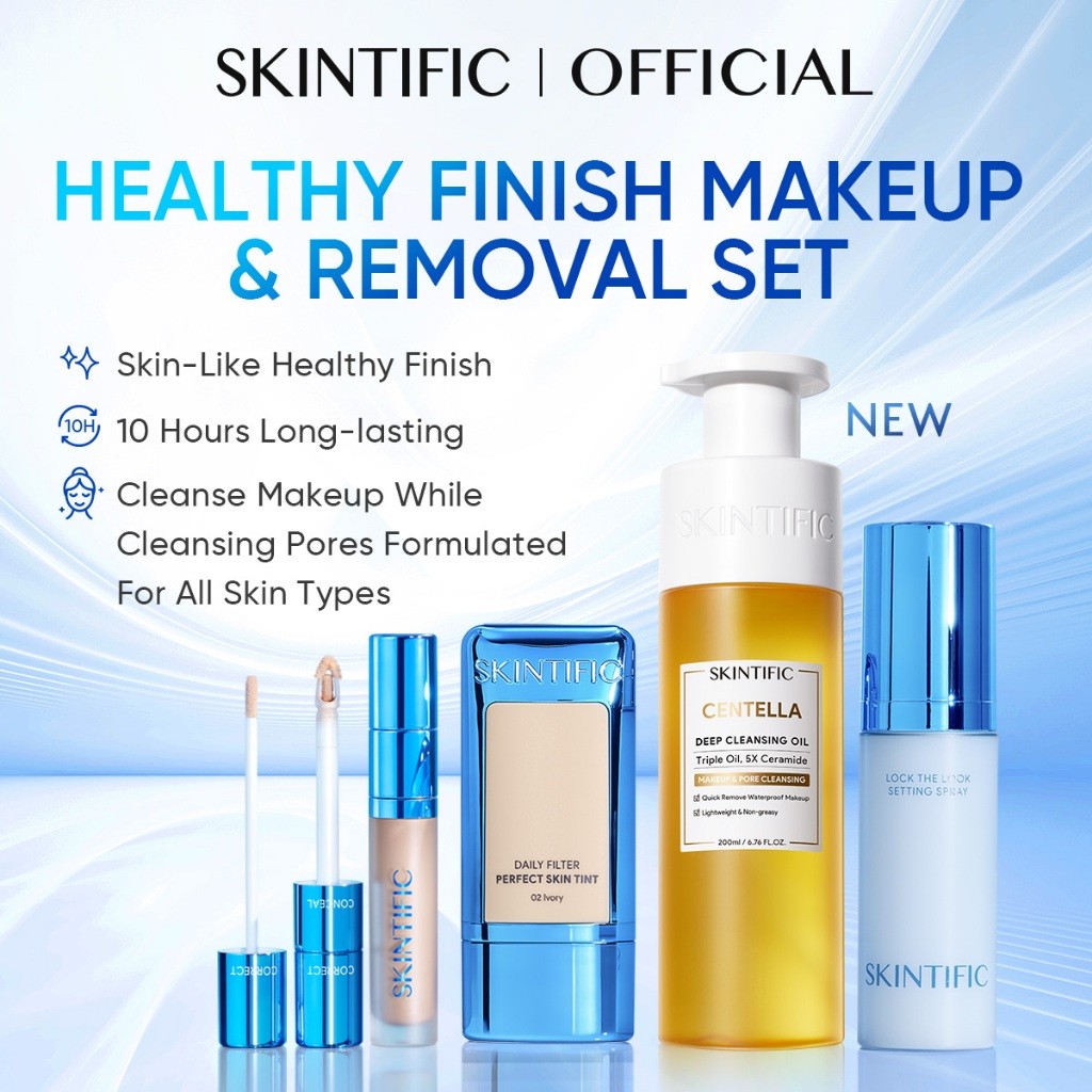 SKINTIFIC - 4pcs Paket Makeup & Cleansing oil Set |  Serum Concealer  + Skin tint Foundation+ Settin