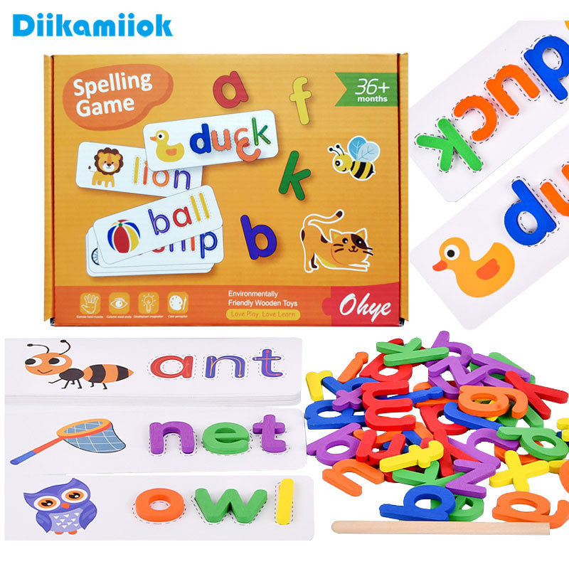 52pcs English Alphabet Spelling Word Wooden Educational Toys for Kids Baby Puzzles Montessori Games 