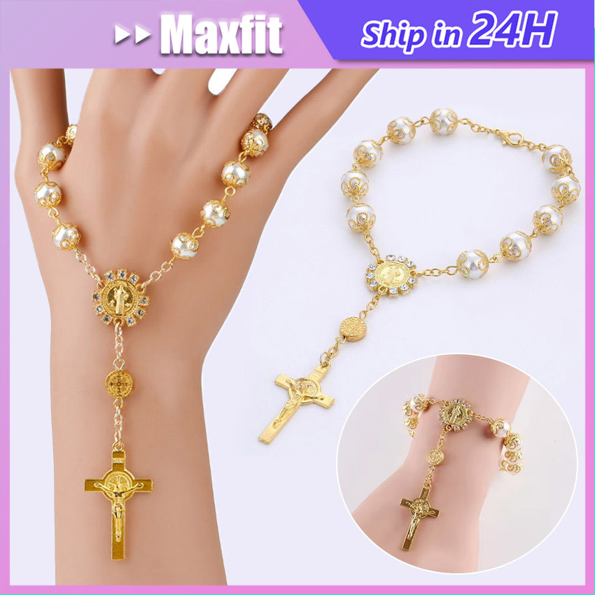 Gelang Rosario Katolik liontin Salib 8 mm Souvenir Aksesoris Rohani Katolik Salib Wanita