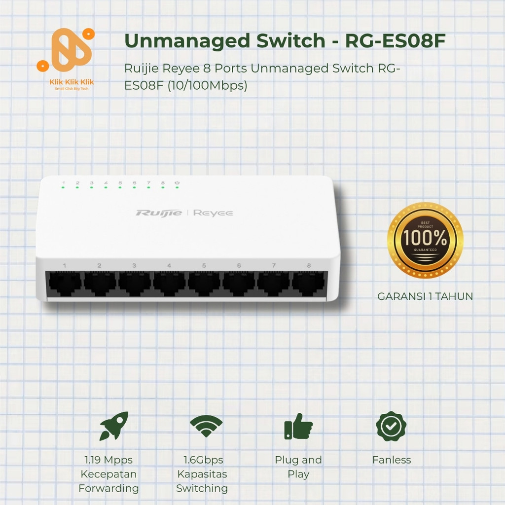 Ruijie RG-ES08F Switch Jaringan 8 Port Fast Ethernet Hub LAN Cepat Handal Desain Ringkas Original