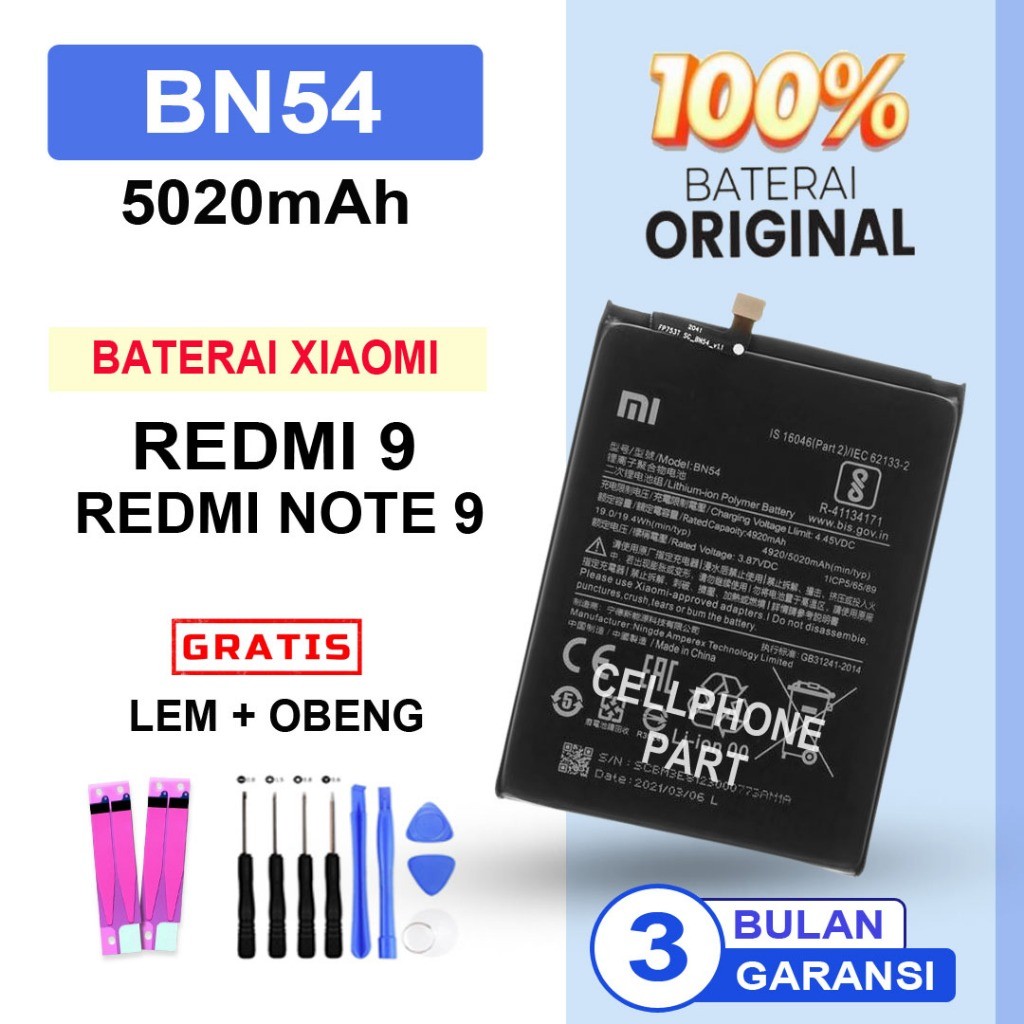 BATERAI BATRE XIAOMI REDMI 9 / REDMI NOTE 9 / BN54 ORIGINAL DISTRIBUTOR (Lem&Obeng)