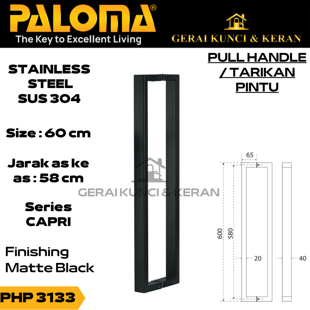 PALOMA PHP 3133 CAPRI PULL HANDLE TARIKAN PINTU 60CM HITAM BLACKMurah