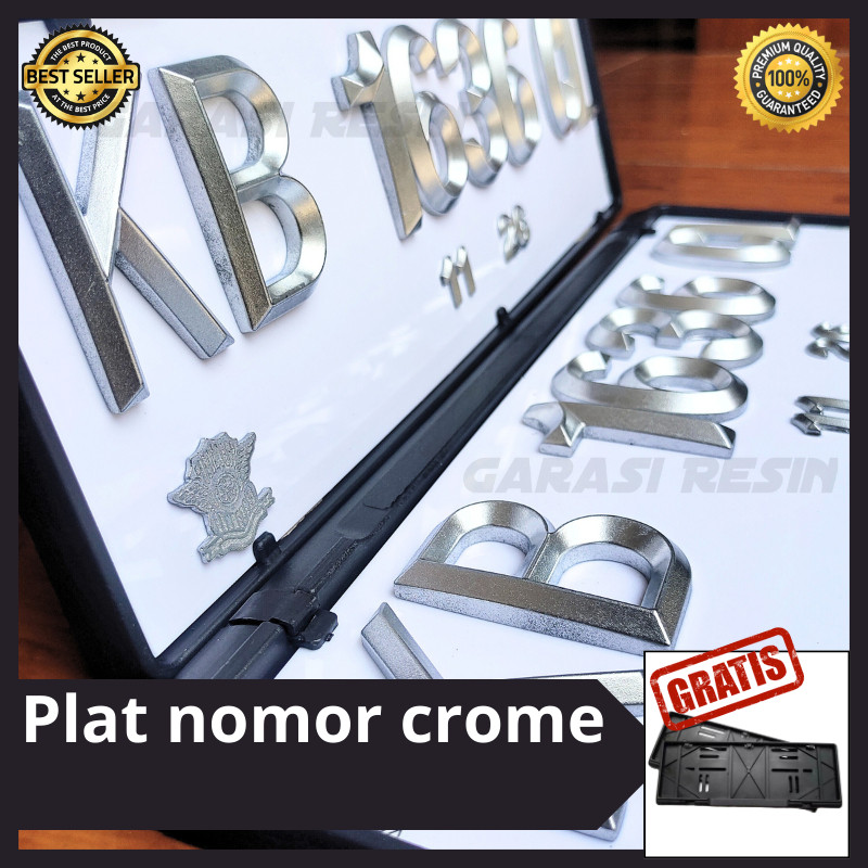 OTOMAX Plat Nomor Mobil Timbul Lancip Segi Lima Crome / 1 Set Sudah Depan Belakang
