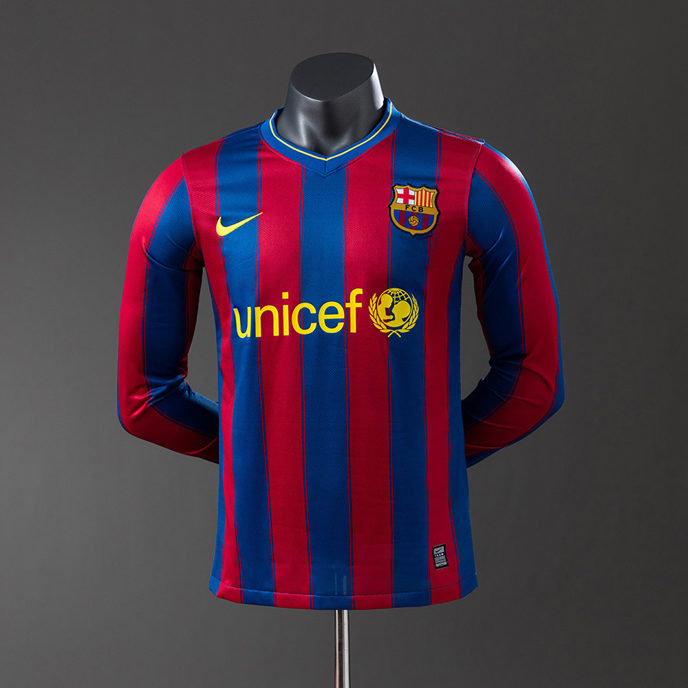 Jersey Barcelona 09/10 Home Long Sleeve Player Version Retro T shirt pria
