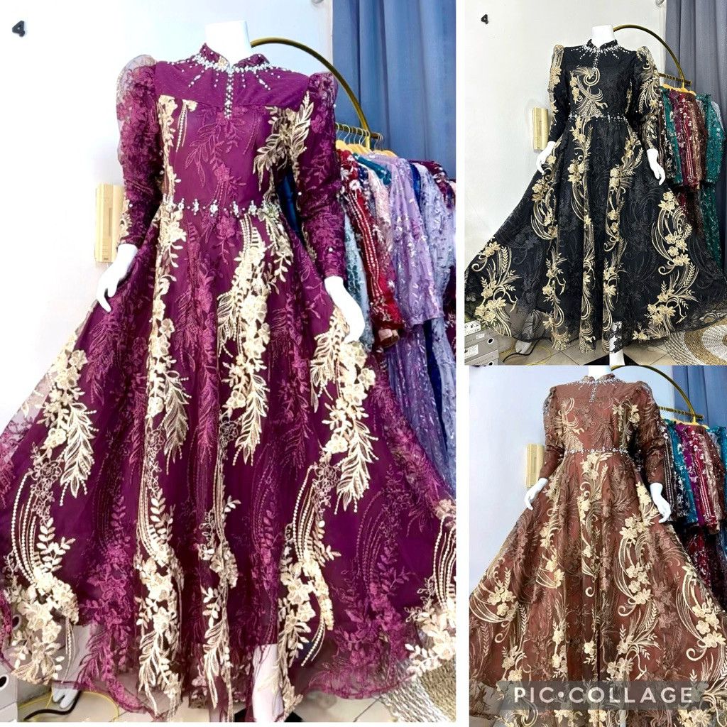 Gamis Dress Levina bahan tile bordir spangle full payet Pesta Mewah Wanita Muslim Kondangan Dewasa R
