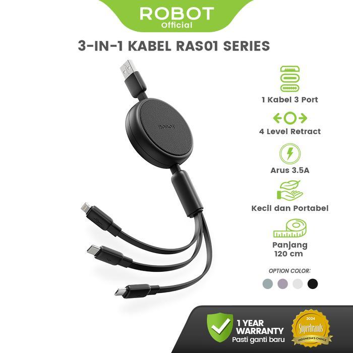 ROBOT RAS01 Kabel Data 3-in-1 Retractable Fast Charging 3.5A Kabel Charger Original - Garansi 1 Tahu