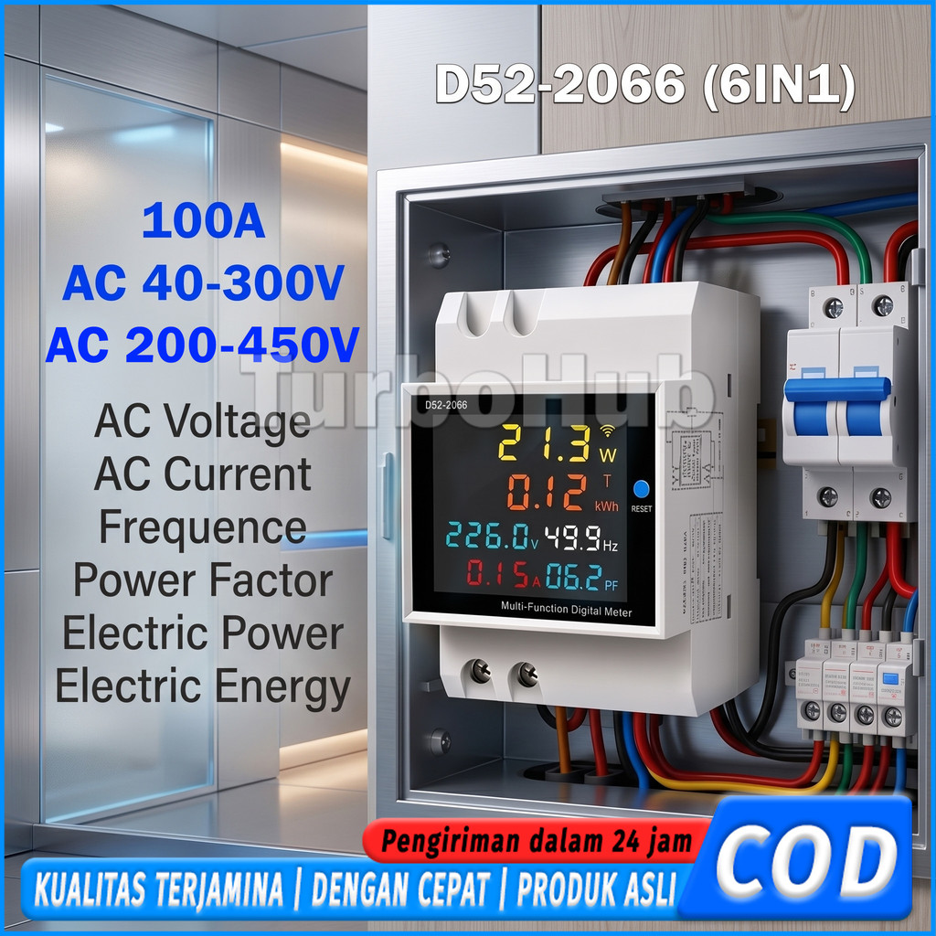 D52-2066 KWH Meter Pinter Monitor AC Din Rail 6IN1 Tegangan Arus Daya Frekuensi Energi 40V-300V 200V