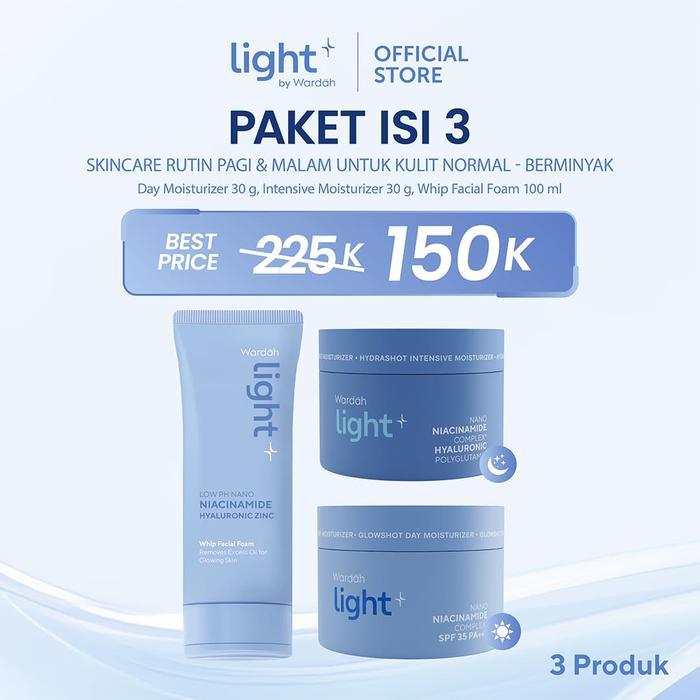light+ by Wardah Paket 3 pcs Low pH Nano Niacinamide Whip Face Wash, Hydrashot Intensive, Glowshot D