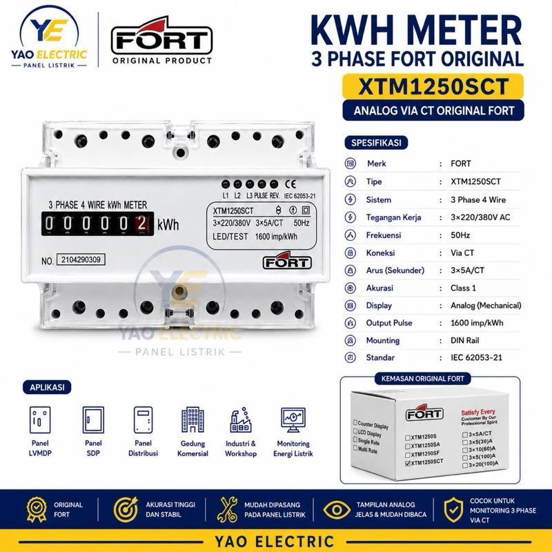 Fort KWH Meter 3 Phase XTM1250SCT Analog Via CT Original untuk Panel Listrik dengan Current Transfor