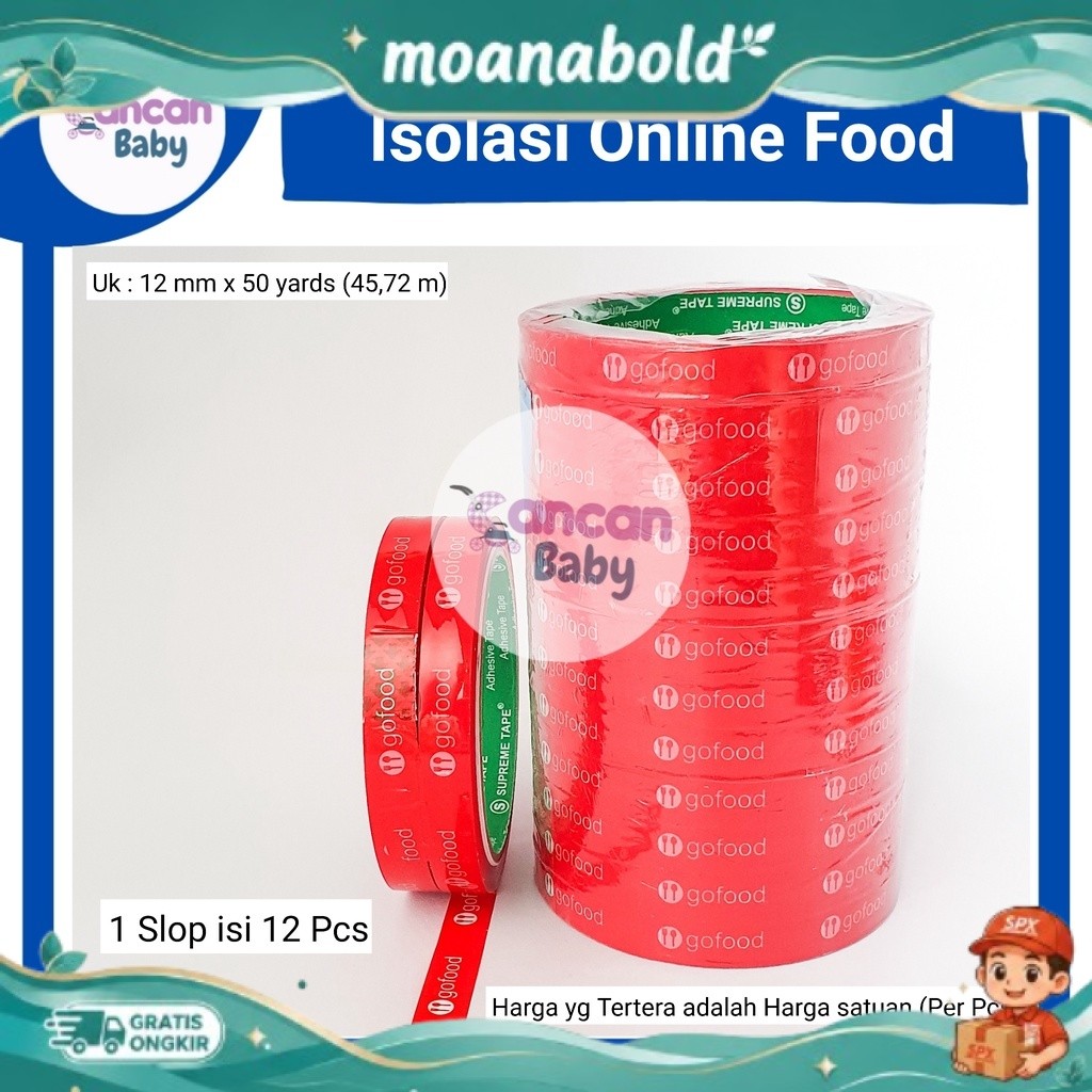 Isolasi Printing Gofood 12mm x 50yard Lakban Selotip Makanan Online Food TERLARIS 