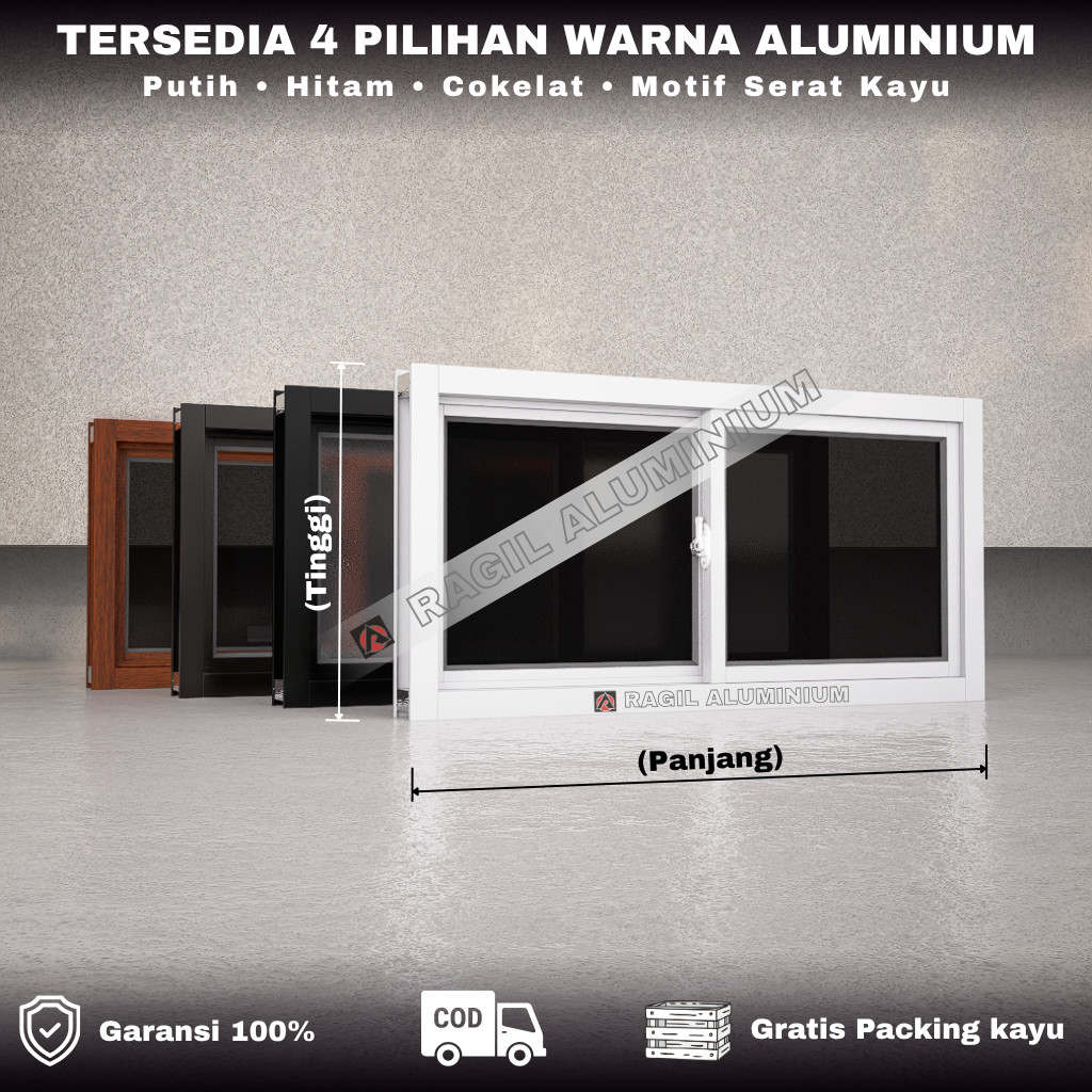 Jendela Aluminium Boven Sliding Polos Tinggi 50 cm x Panjang 100 cm (50x100)