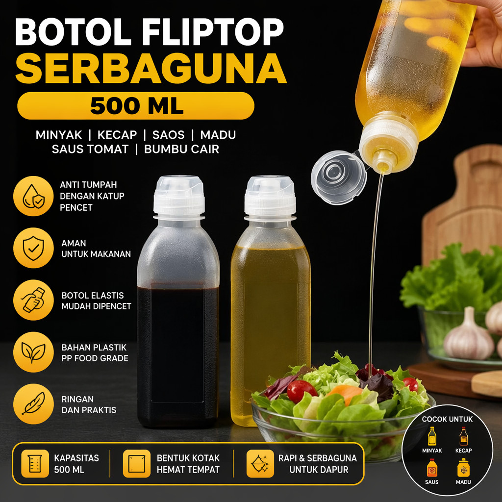 Botol Fliptop untuk Minyak Makan Kecap Saos Saus Madu tomat Bumbu Cair Dapur Plastik bentuk Kotak Serbaguna Multifungsi Botol Kotak Plastik Anti Tumpah Dengan Katup Pencet squeeze Cepat Kapasitas 500ml 500 ml Putih transparan Elastis Ringan Perapih Dapur