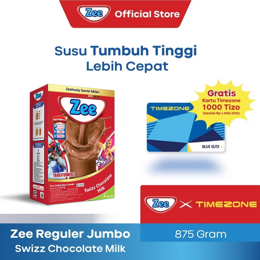 ZEE Reguler Jumbo Coklat 875gr (Free Timezone Blue Elite Card Rp1.000.000) - Susu Tumbuh Tinggi Lebi