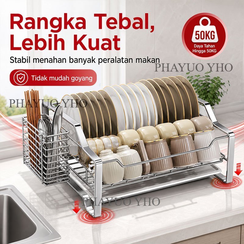 Rak Piring Dapur Stainless Steel Peniris Air Baki Penampung Tetesan Tempat Mangkuk Gelas Sendok Sump