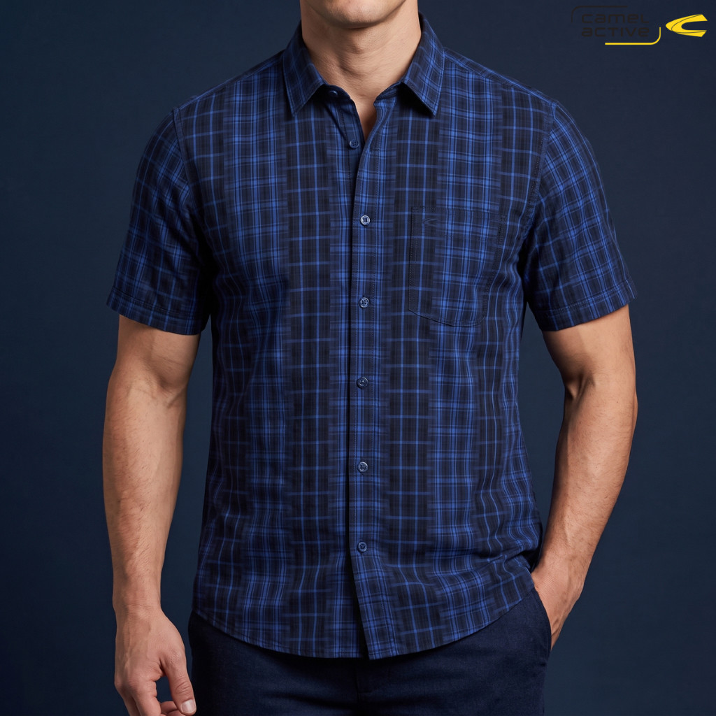 camel active Men's Navy Blue Cotton Swissdots Short Sleeve Shirt Kemeja