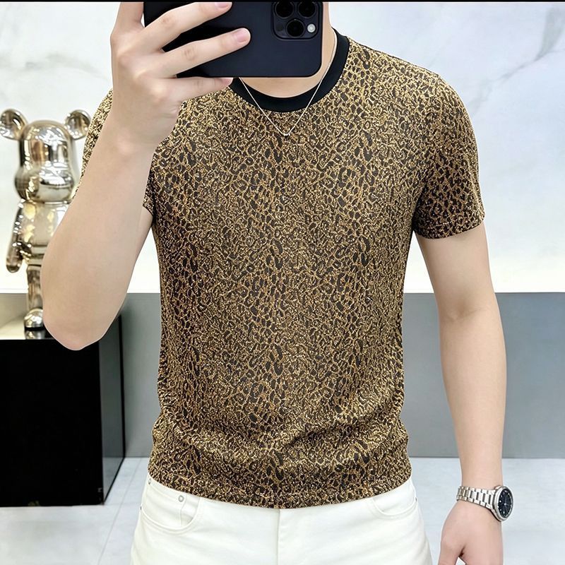 Kaos Pria Bahan Sutra Es dengan Motif Leopard, Lengan Pendek, Kerah Bulat, Baju Tipis, Gaya Fashion 