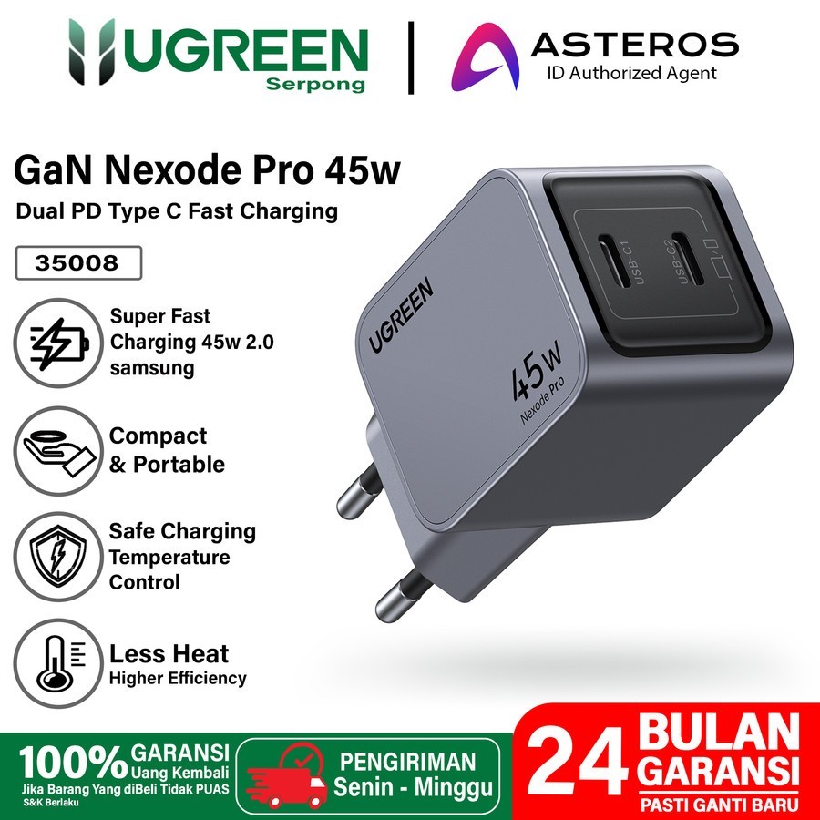 Adaptor Charger UGREEN 65w GaN Fast charger with 3 Ports GREY - Ugreen 10335 25871 25874 GaN 65W 100