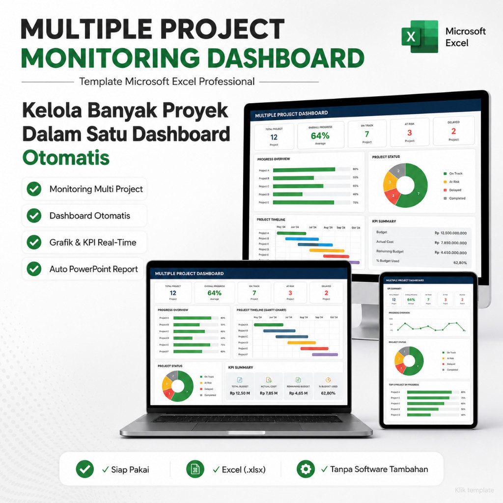 Template Excel Multiple Project Monitoring Dashboard | Dashboard Proyek Otomatis, KPI & Laporan Powe