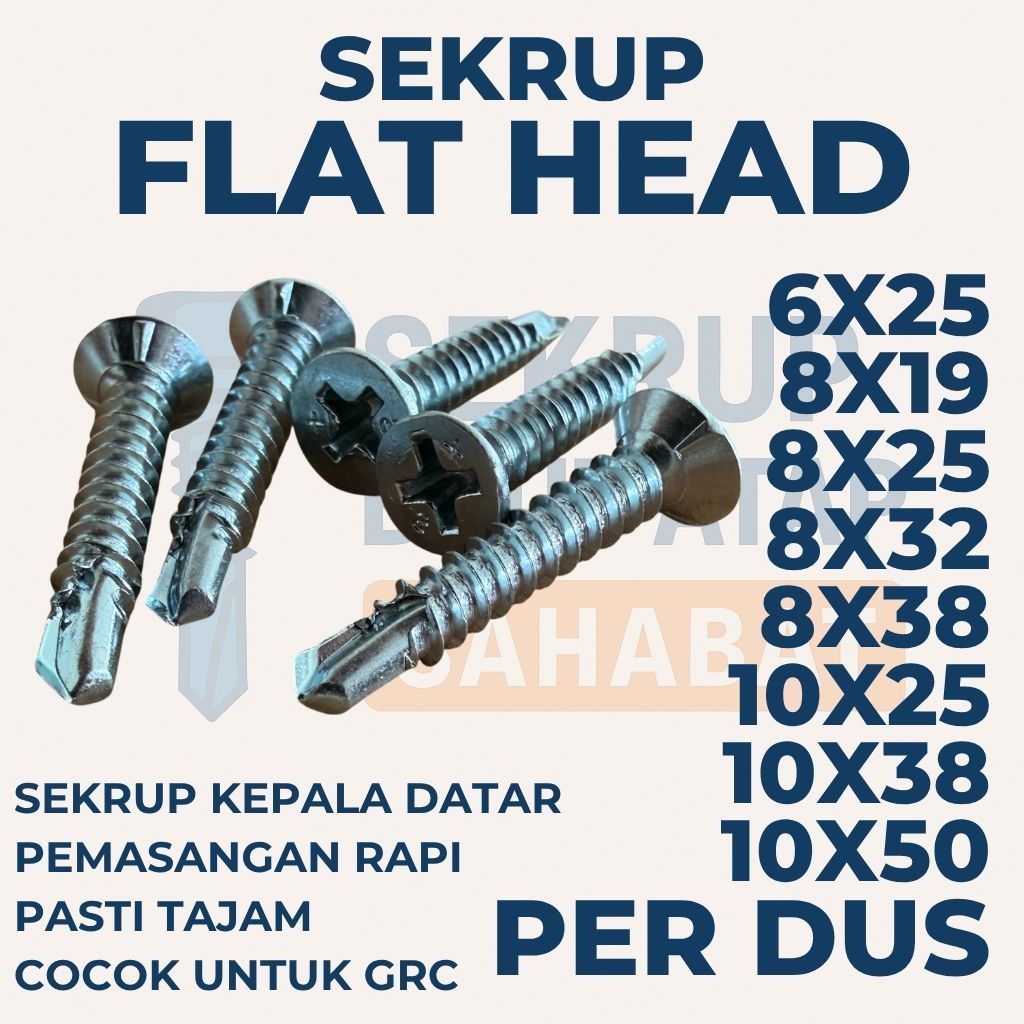 SEKRUP FLAT HEAD | SDS FH | Self Drilling Screw (Harga Per Dus) 6x25 | 8x19 | 8x25 | 8x32 | 8x38 | 1
