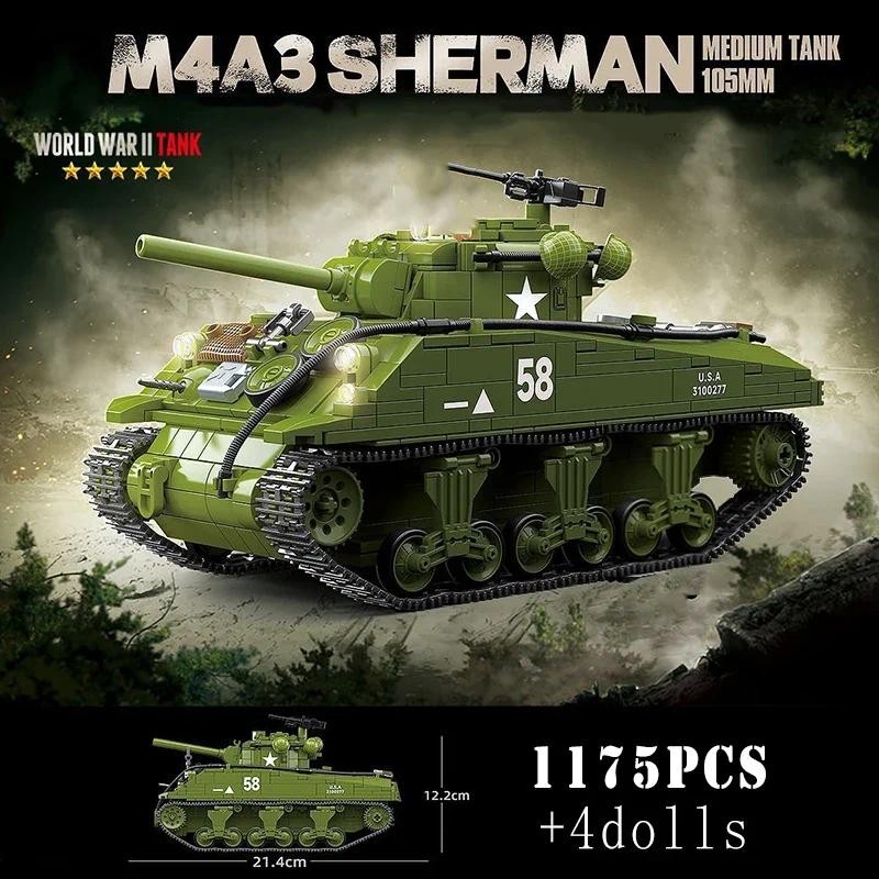WW2 Military US Army M4A3 Sherman meum armored vehicle IS-2 Heavy Tank boy Buig Blocks Bricks Toys f