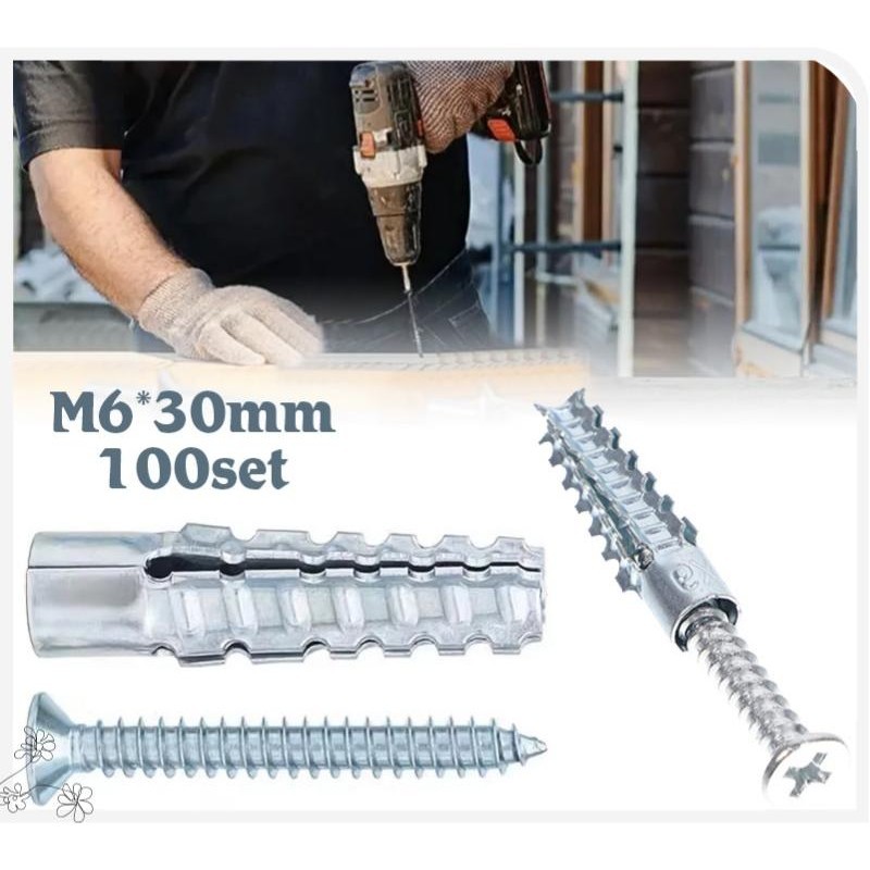 100set Angkur Baut Tembok Sekrup 6x30mm Angkur Baut Tembok Wall Anchor Tembok Sekrup Dinding Tembok 