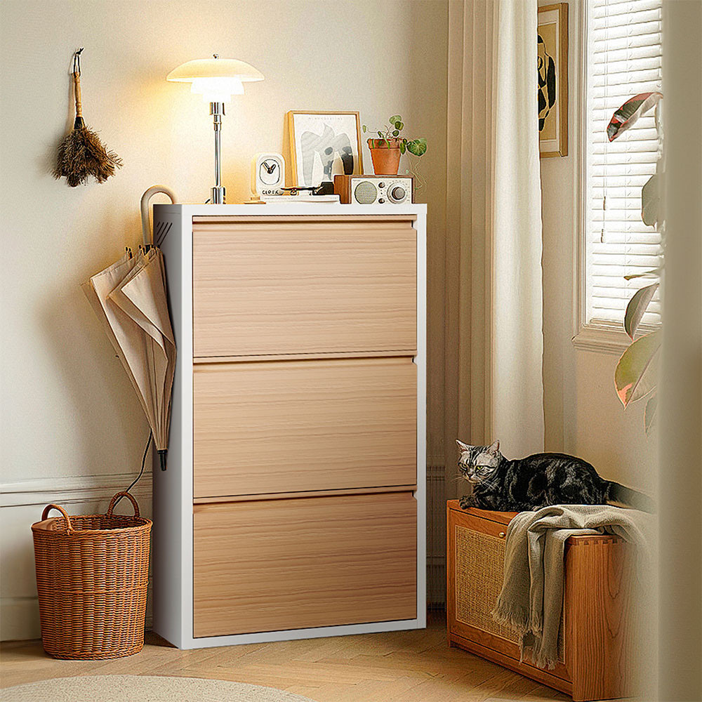 Informa Levi Kabinet Sepatu 3 Tingkat - Putih/Cokelat Kayu Organizer Sandal Dan Sepatu Rak Lemari Al