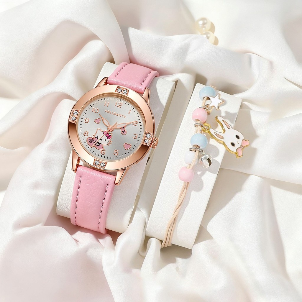 【Jam Tangan + Gelang】Kartun Anak-anak Jam Tangan Kulit Tali Mahasiswa Jam Tangan Hadiah Liburan