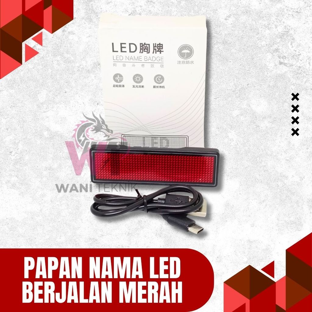 Papan Nama LED Berjalan – Name Tag LED Warna Merah/Biru