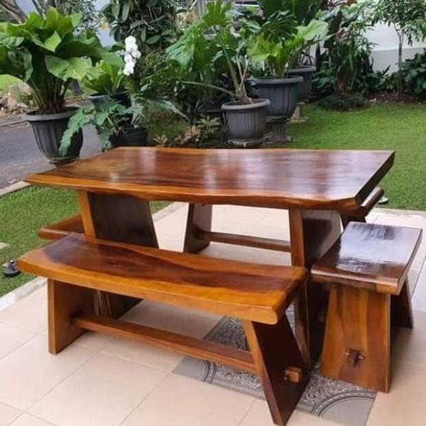 Meja Makan kayu Trembesi utuh solid tanpa sambungan 150x60-70x75