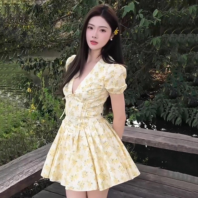 Air QZ256 Midi Dress Korea/Gaun Bunga Wanita Lembut Prancis Lengan Gelembung Rok Sifon Rok Cinta Per