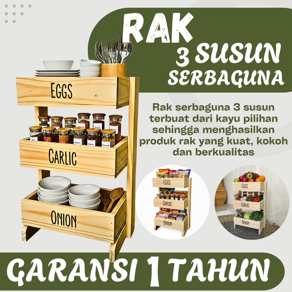 RAK BUMBU SAYUR 3 SUSUN BAHAN KAYU JATI BELANDA