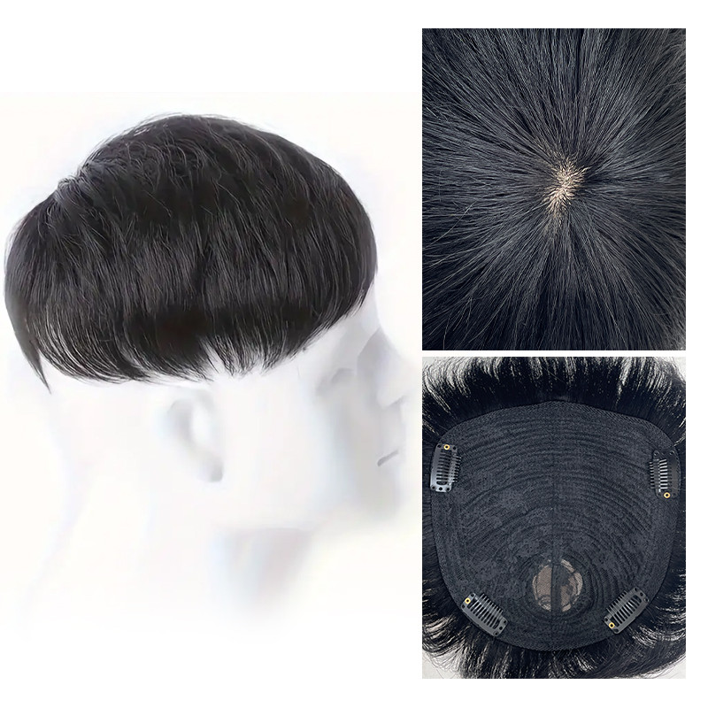 Men 100% Human Hair Hairpiece Black False Cover Breathable Hair Net Base Effectively Cover Thinning 