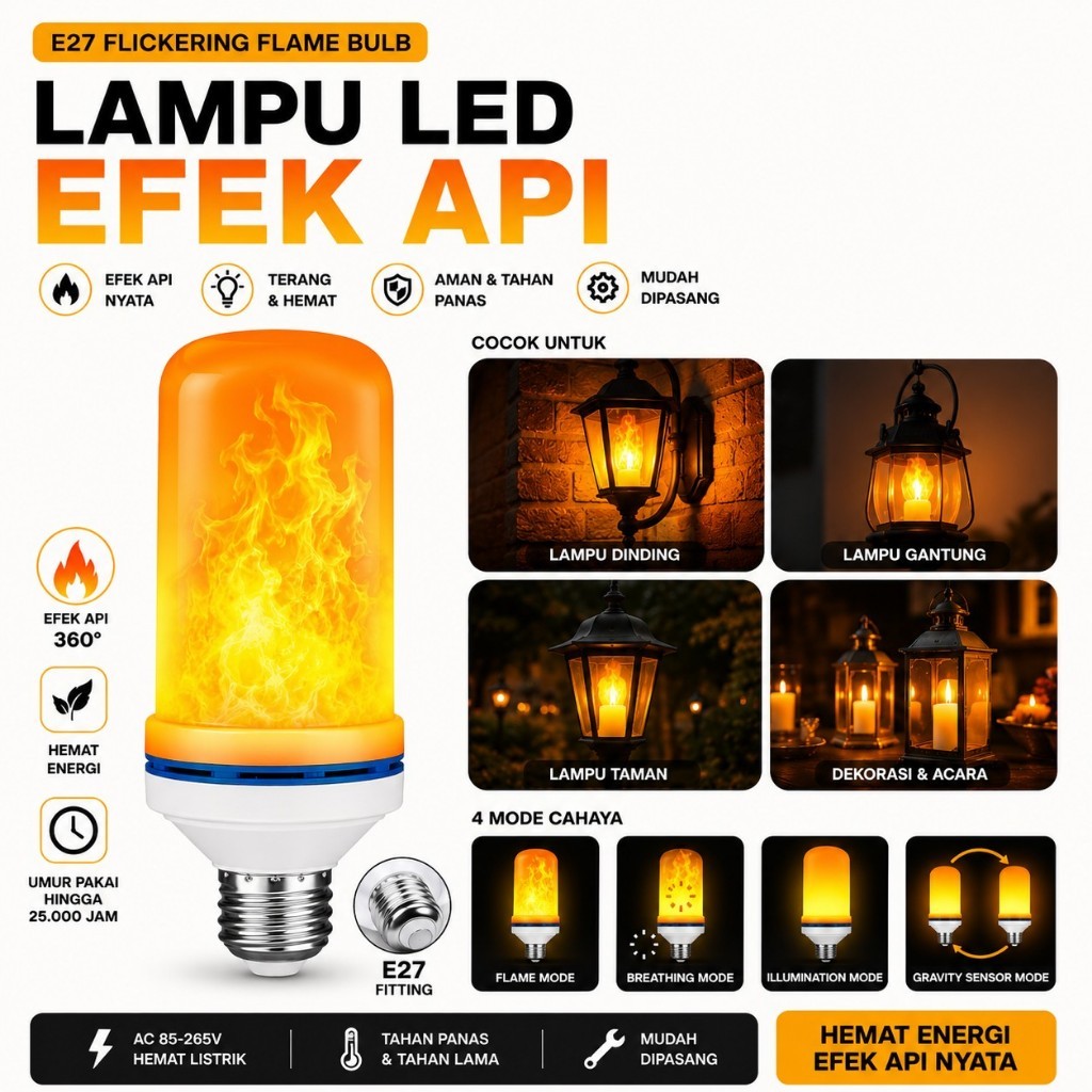 LAMPU BOHLAM LED EFEK API 10 WATT FITTING E27 LAMPU HIAS BOHLAM EFEK API OBOR 4 MODE