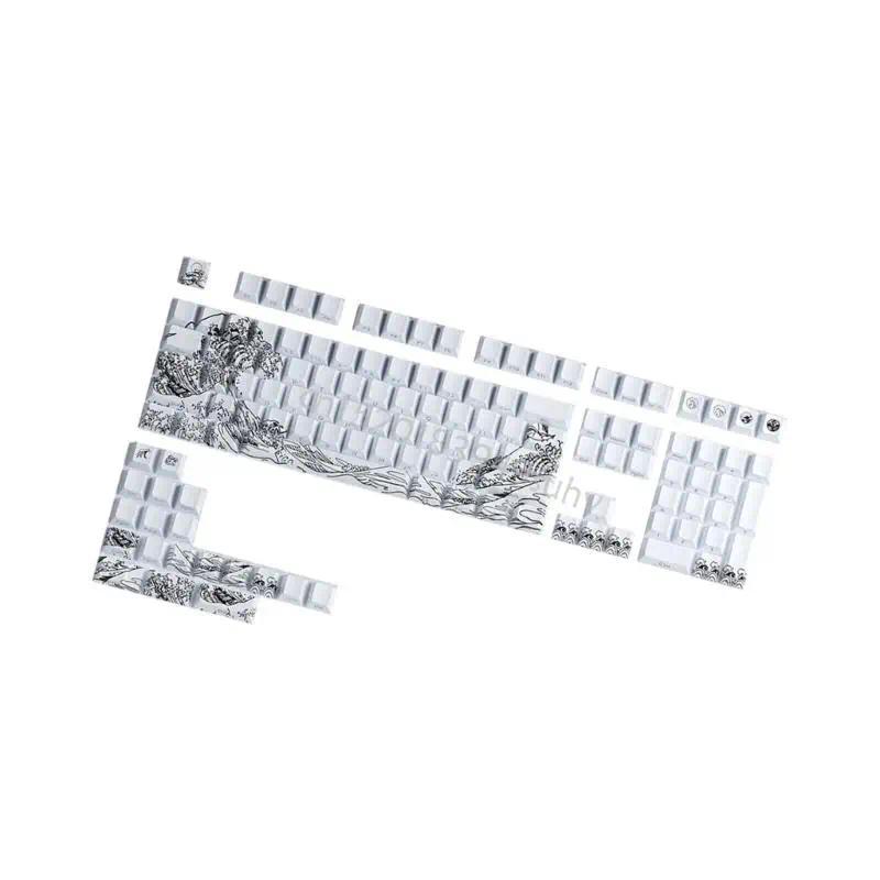 PBT Dying Sublimations Keycaps 127Key Fynmi Ukiyo e Cherries Profile Side Engraved for Mechanical Ke