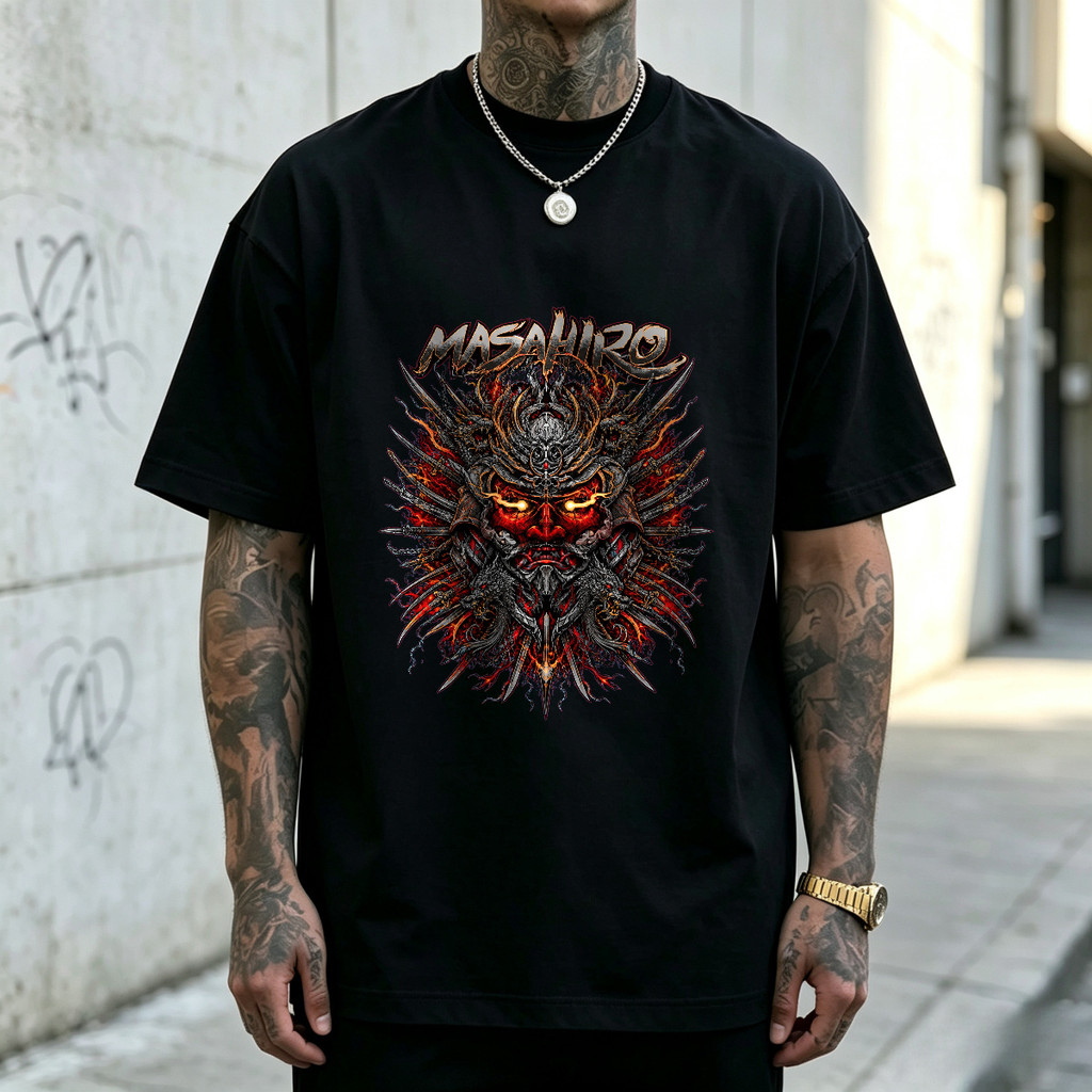 Kaos Katun Shirt Pendek Untuk Pria Dewasa Aesthetic Dengan Desain Topeng Samurai Naga Dan Pedang War