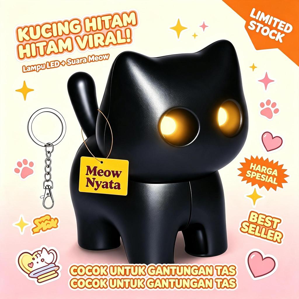 Gantungan Kucing Hitam Anti Stres - LED Menyala Suara Meow Realistis - Kado Lucu Hiasan Tas Ransel -