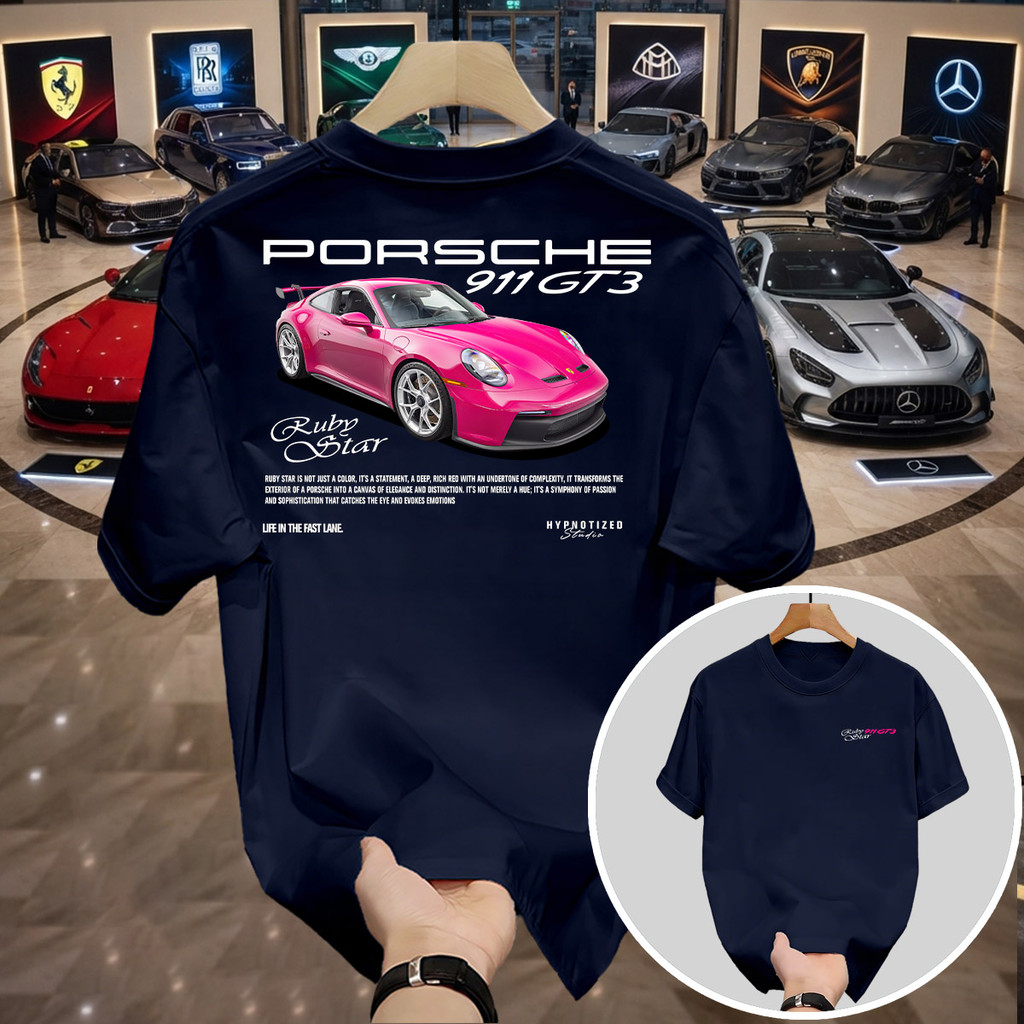 Kaos Porsche Navy Blue Baju T-Shirt Cowok Keren Gambar Mobil Balap Supercar 911 GT3 Ruby Star Katun 