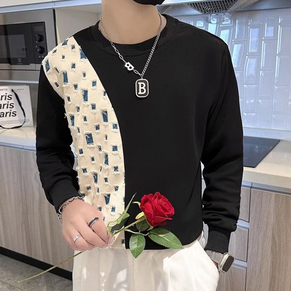 Sweater lengan panjang, desain ceruk pria, blouse kotak-kotak, blouse kotak-kotak pria
