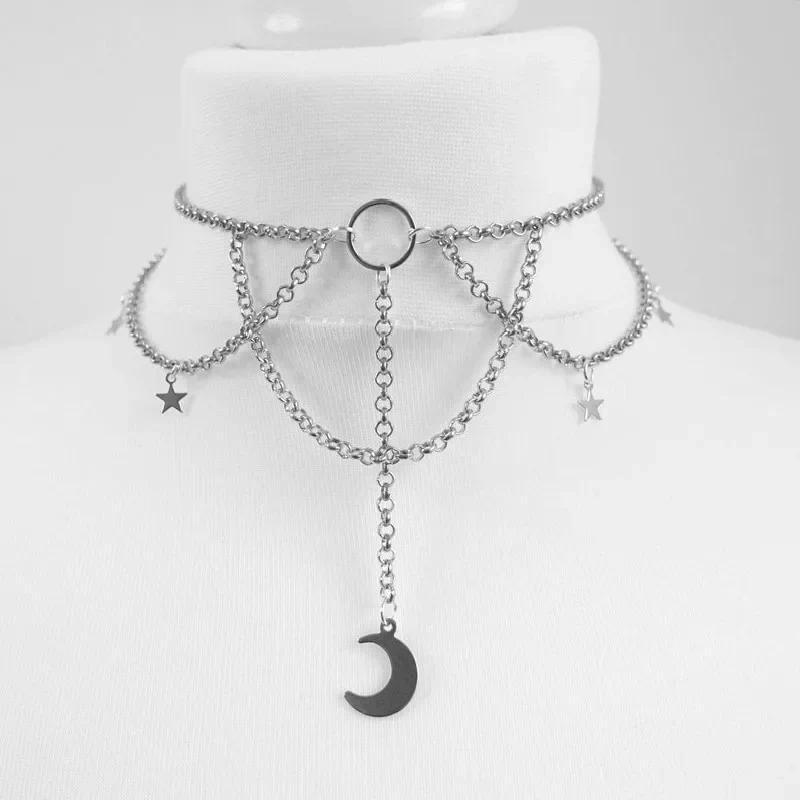 Punk Dainty Chain Crescent Moon and Stars Choker Witch Necklace Classical Charm Wedding Goth Women G