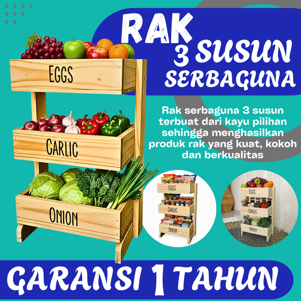 Rak Bawang Kayu 3 Susun / Rak Bumbu Serbaguna