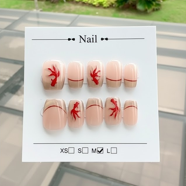 Fake Nails Pendek Square Nude Merah | Kuku Tempel Design Ikan Koi Aesthetic (10 Pcs)