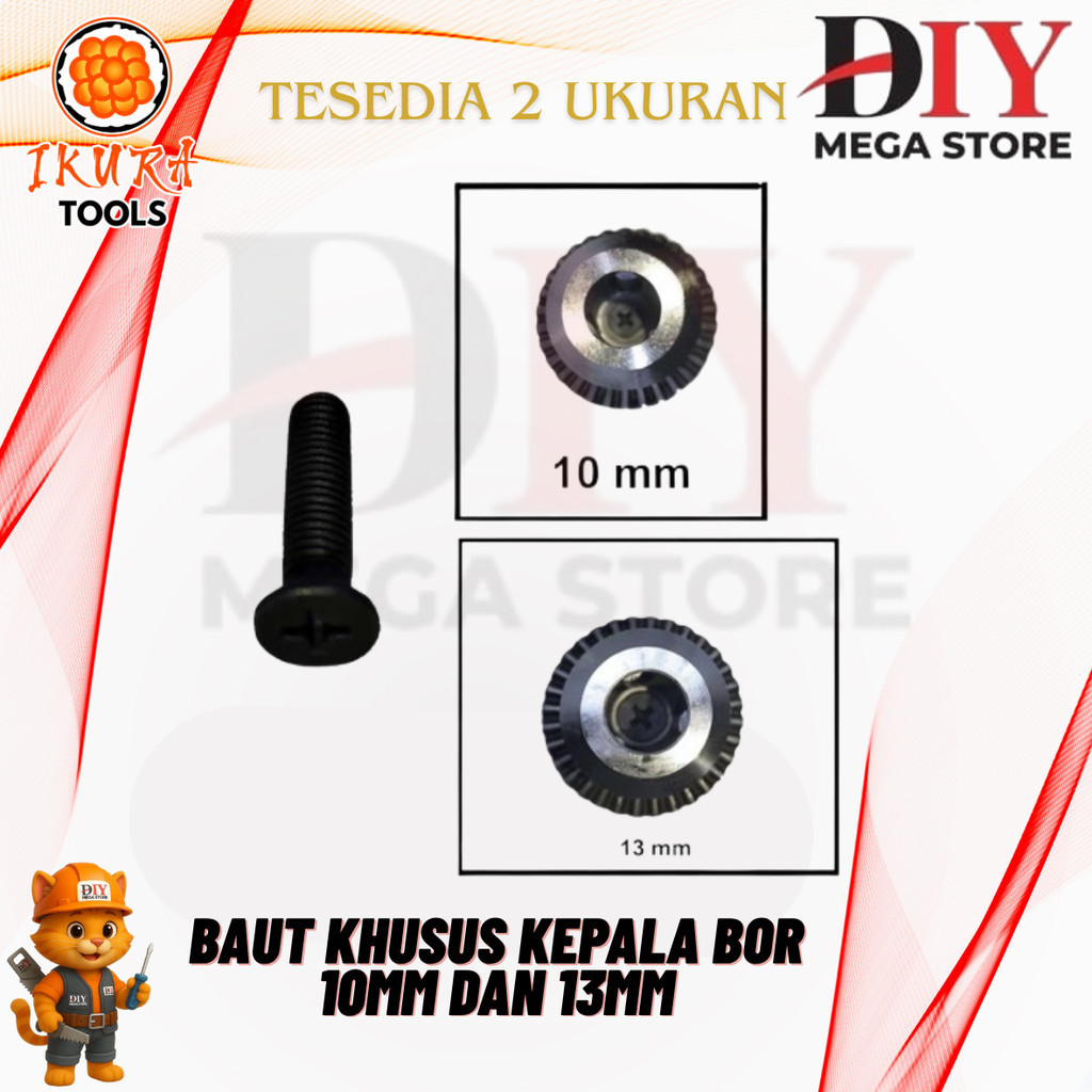 Baut Khusus Kepala Bor 10mm dan 13mm M5 M6 Ulir Terbalik - Baut Mur Cordless Drill 10 MM 13 MM - Bau