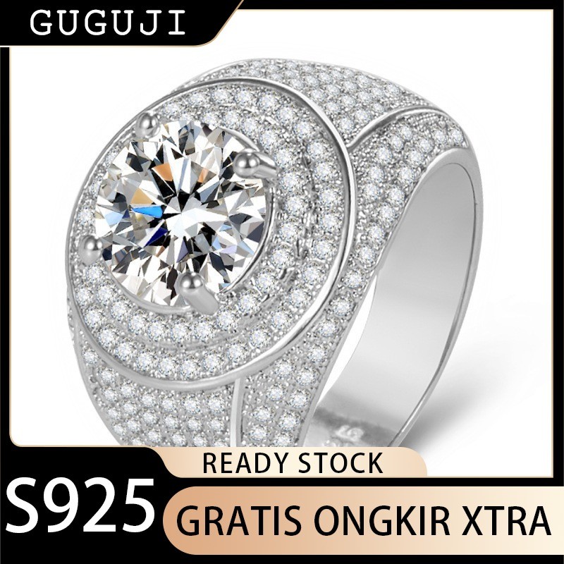 GUGUJI Cincin Pria Mewah Imitasi Moissanite Berlian Berkilau Penuh Berlian Warna Emas Putih 18K Cinc