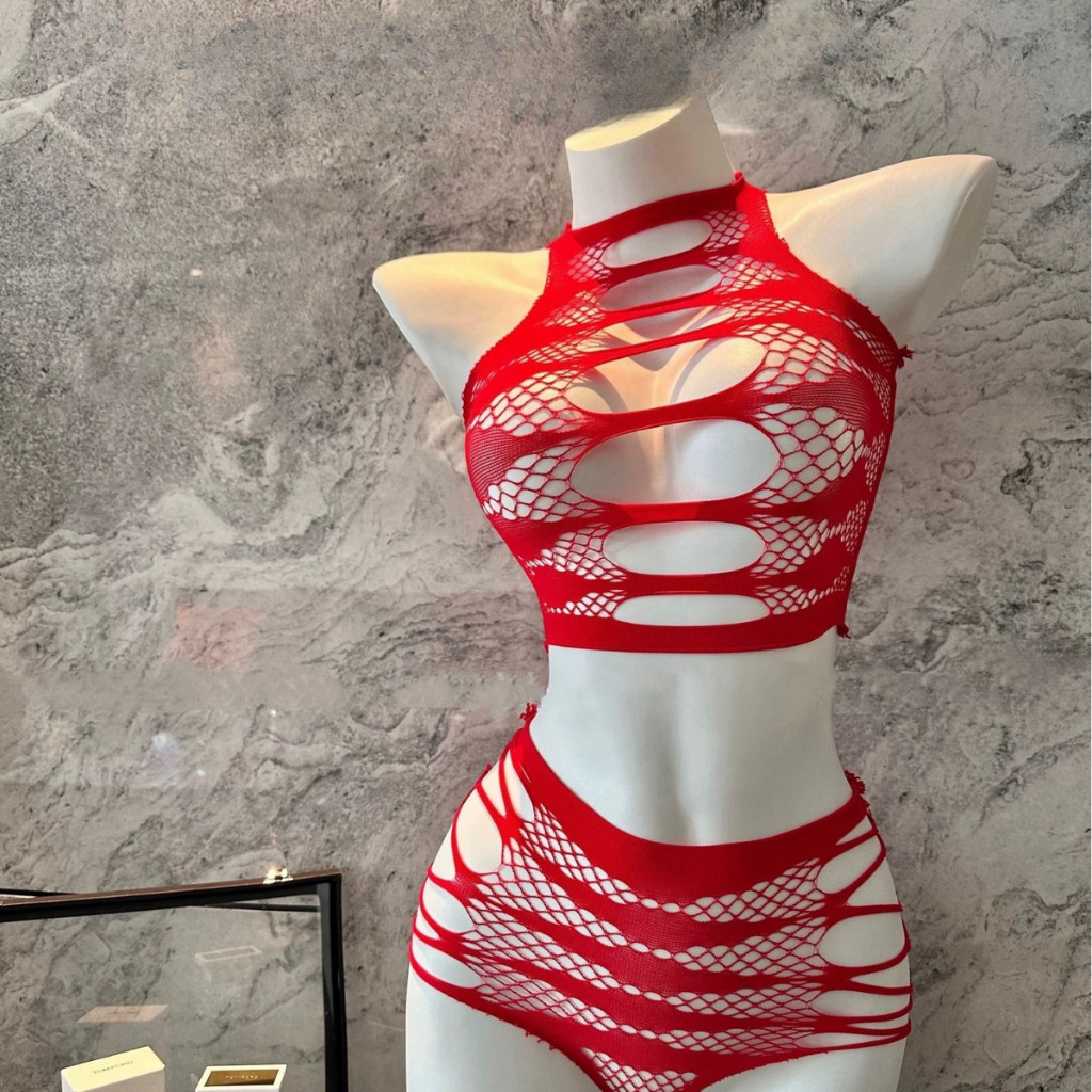 Bodysuit Jaring Seksi Transparan Warna Hitam & Merah – Lingerie Hot Wanita Dewasa One Piece