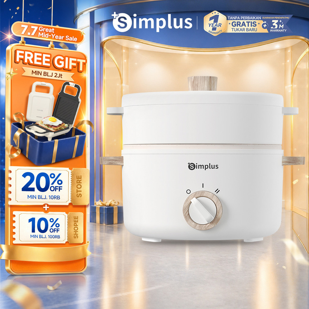 Simplus Panci Listrik Kapasitas 1,5L Panci Serbaguna Anti Lengket Dengan Kukusan 2 Mode Panas