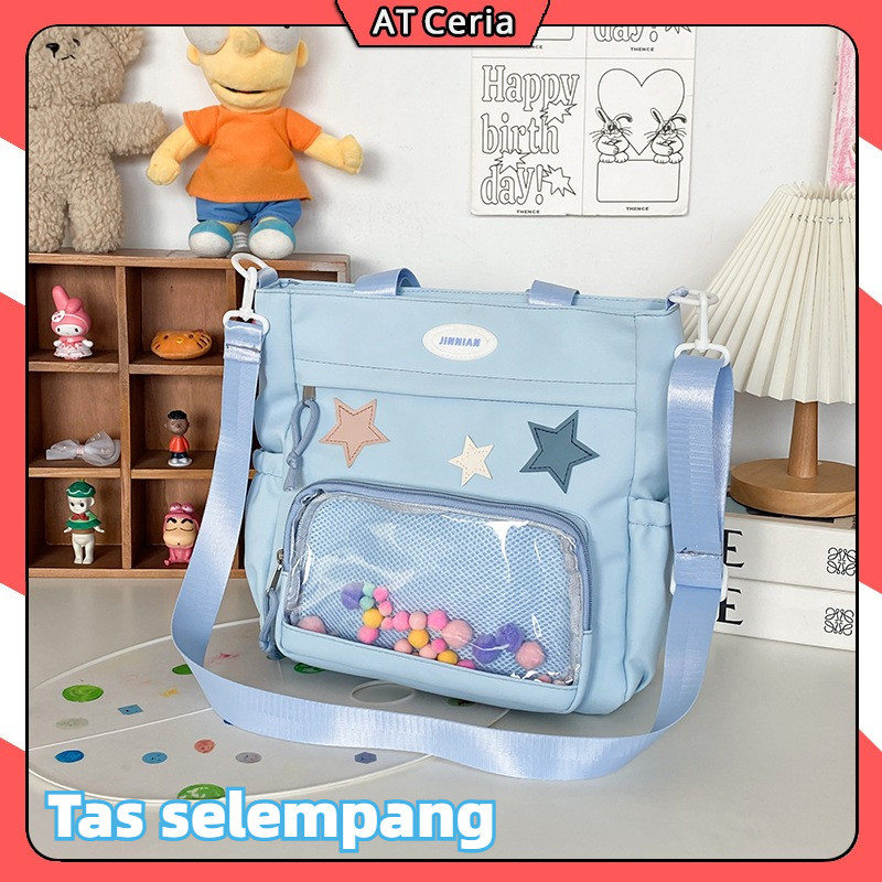 (Gratis Gantungan Kunci) Tas Selempang Sekolah Kapasitas Besar, Bahan Nilon, Sekat Transparan, Tas P